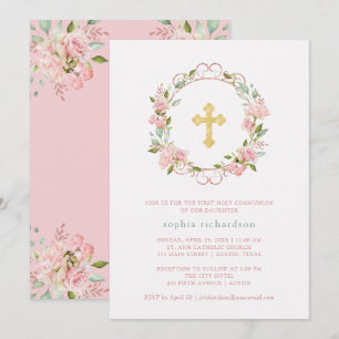 Invitation Roses roses roses Croix d'or Floral Première Saint