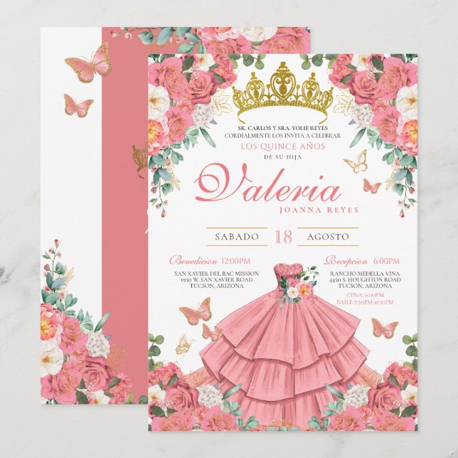 Invitation Roses roses roses élégantes papillon princesse Qui (Devant / Derrière)