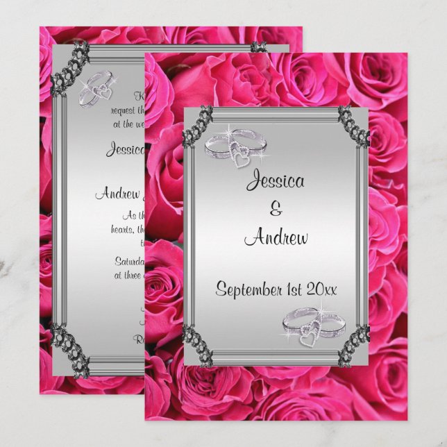 Invitation Roses roses roses et anneaux de Mariage diamant (Devant / Derrière)