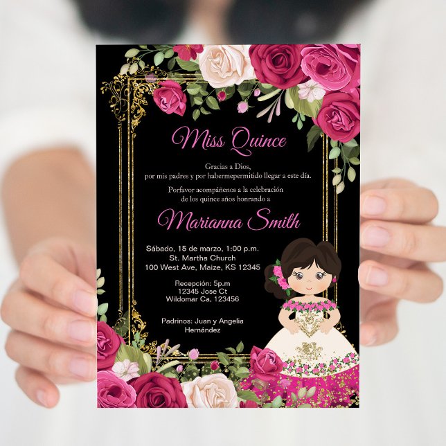 Invitation Roses roses roses et Arrière - plan noir Quinceane (Créateur téléchargé)
