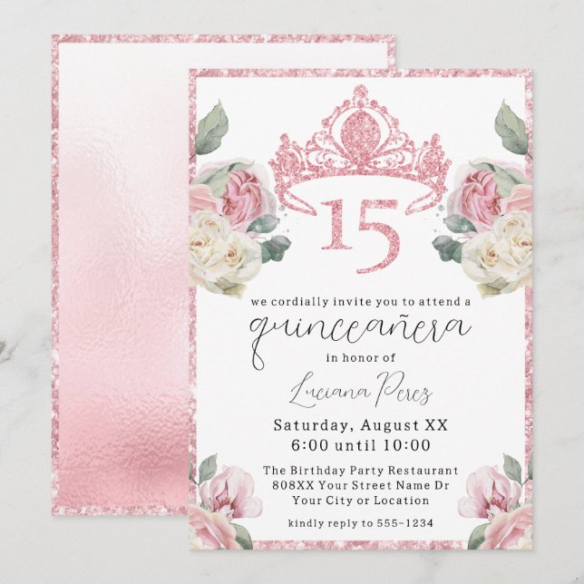 Invitation Roses roses roses et blanches Parties scintillant  (Devant / Derrière)