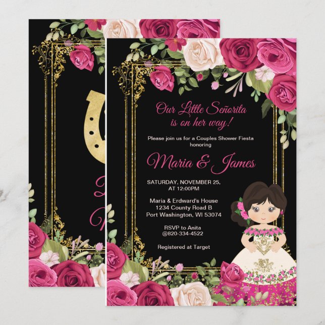 Invitation Roses roses roses et Couples Arrière - plans noirs (Devant / Derrière)