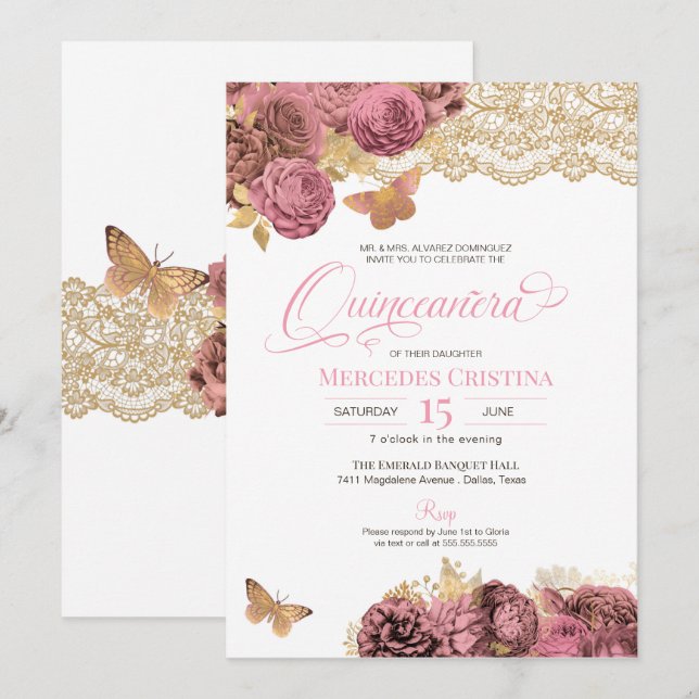 Invitation Roses roses roses et dentelle Or papillon Quinceañ (Devant / Derrière)