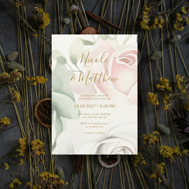 Invitation Roses roses roses et script or Mariage personnalis (Pink Roses & Gold Script Personalized Wedding Invitation)