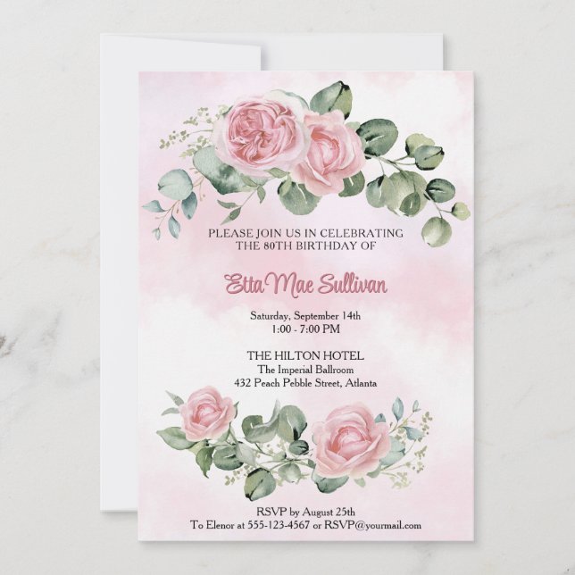 Invitation Roses roses roses fleuries et vertes 80e anniversa (Devant)