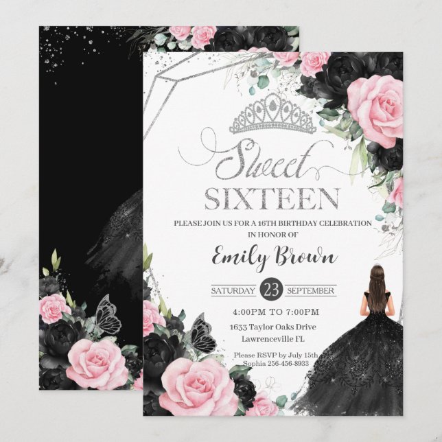 Invitation Roses roses roses noires Floral Princess Sweet 16  (Devant / Derrière)