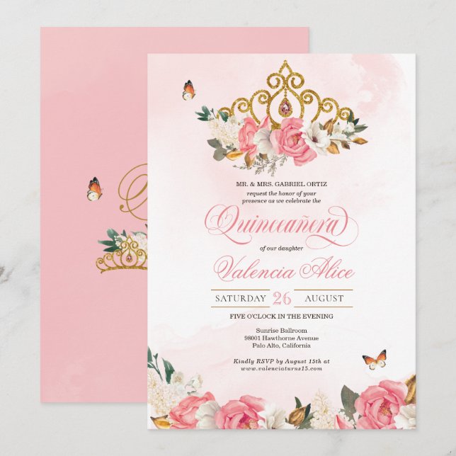 Invitation Roses roses roses papillon Quinceanera Gold Tiara (Devant / Derrière)