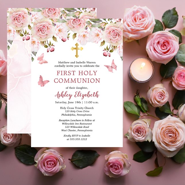 Invitation Roses roses roses Papillons Floral Première Sainte (Elegant Pink Roses and Butterflies Floral First Holy Communion Invitation - Print | Digital Download)
