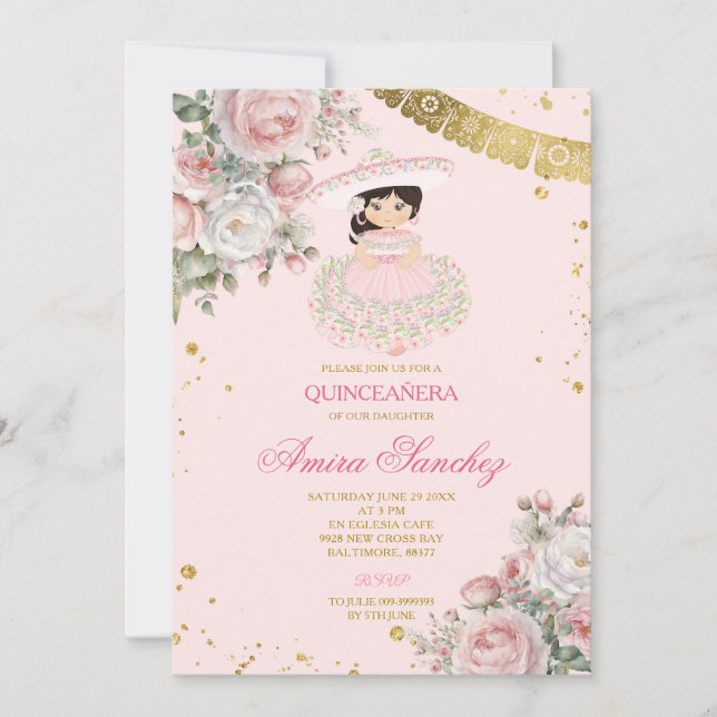 Invitation Roses roses roses Parties scintillant or espagnol  (Devant)