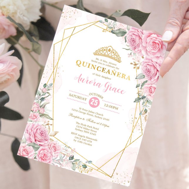 Invitation Roses roses roses princesse Quinceañera Gold Géomé (Créateur téléchargé)