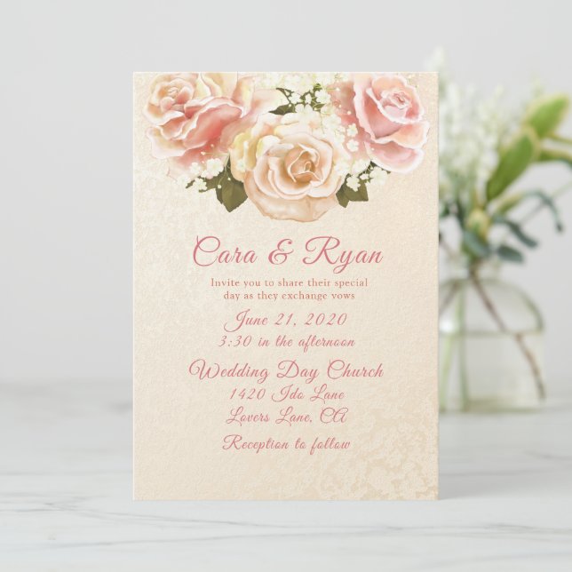 Invitation Roses roses roses roses élégantes de mariage rose  (Debout devant)