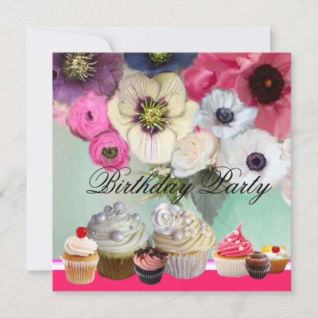 INVITATION ROSES ROSES ROSES ROSES FLEURS D'ANÉONE ET CUPCAKE (Devant)