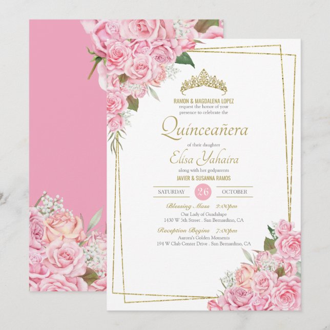 Invitation Roses Roses Roses Roses Roses Or Tiara Quinceanera (Devant / Derrière)