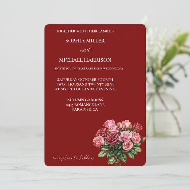 Invitation Roses roses roses rouges romantiques Mariage flora (Debout devant)