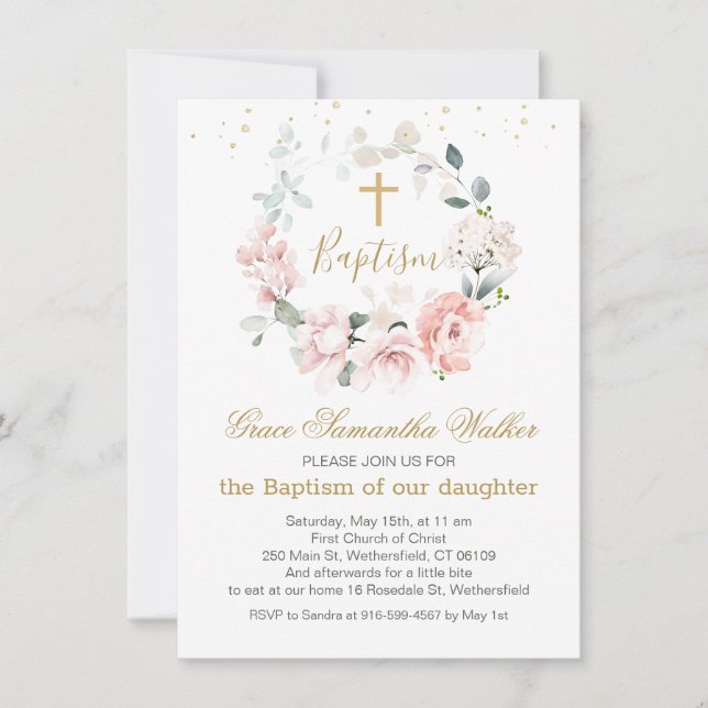 Invitation Roses roses roses Verdure Feuillage Croix Baptême (Devant)