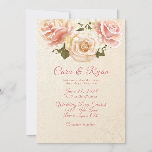 Invitation Roses roses tendres romantiques Élégante invitatio (Devant)