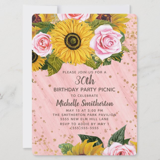 Invitation Roses roses tournesols Parties scintillant d'or 30 (Devant)