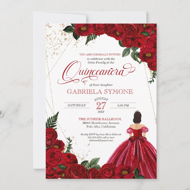 Invitation Roses rouge blanc et or élégant Gown Quinceanera (Devant)