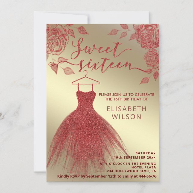 Invitation Roses rouges adorables robe rouge gliterie Invitat (Devant)