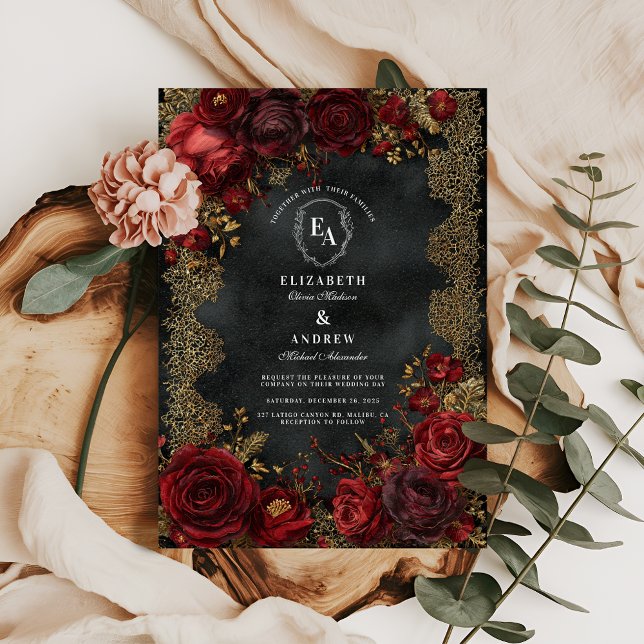 Invitation Roses rouges antiques avec dentelle gothique (Créateur téléchargé)