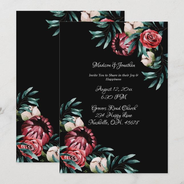Invitation Roses rouges Arrière - plan noir Élégant Mariage d (Devant / Derrière)