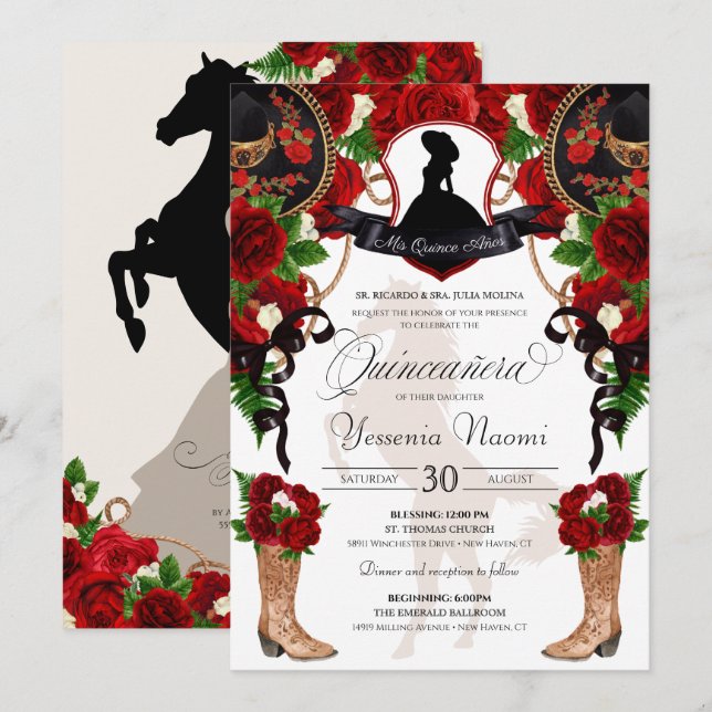 Invitation Roses rouges avec Crest Charro Ouest Elégant Quinc (Devant / Derrière)