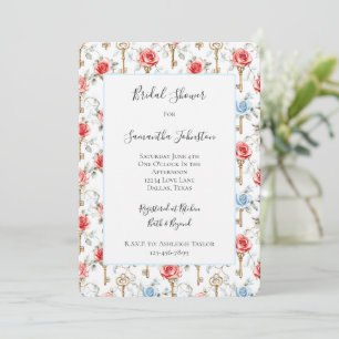 Invitation Roses rouges bleues Clés dorées Baby Shower
