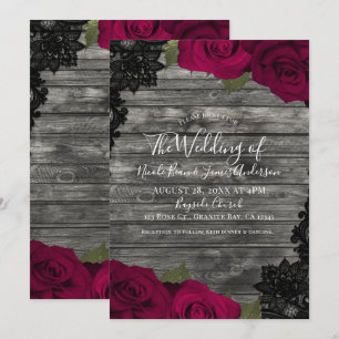 Invitation Roses Rouges Bois Rustique Dentelle Noire Élégant 