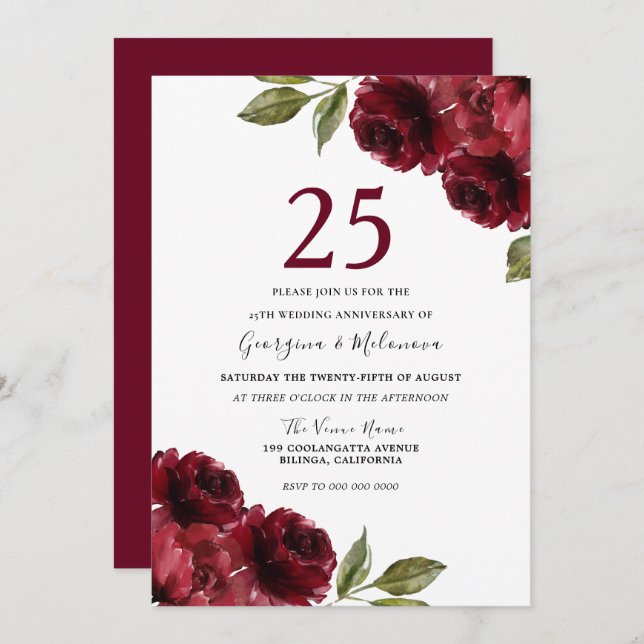 Invitation Roses Rouges Bourgogne 25e Anniversaire de Mariage (Devant / Derrière)