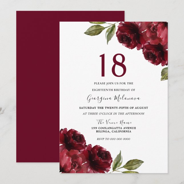 Invitation Roses Rouges Bourguignonnes Élégante 18e fête d'an (Devant / Derrière)