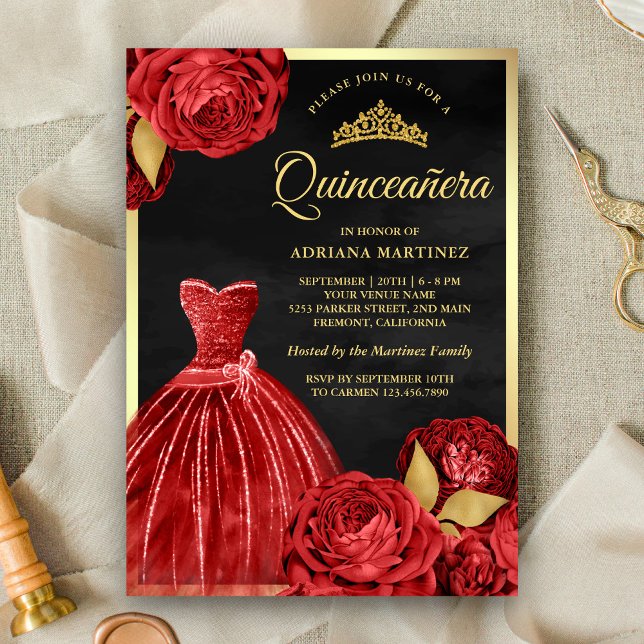 Invitation Roses rouges brillantes Quinceanera d'or noir (Créateur téléchargé)