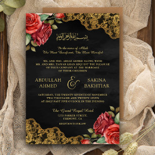 Invitation Roses rouges Broderie dorée Code QR Mariage Musulm