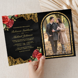 Invitation Roses Rouges Broderie Dorée Code QR Noir Photo Mar