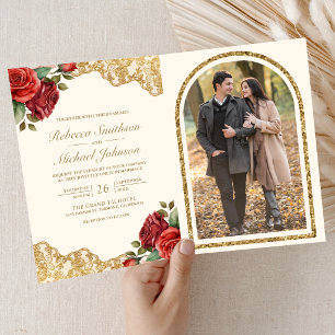 Invitation Roses Rouges Broderie Dorée Crème Code QR Photo Ma