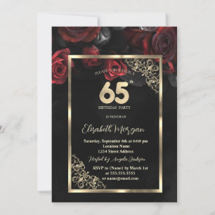Invitation Roses Rouges Chic Cadre Or Noir 65e Anniversaire