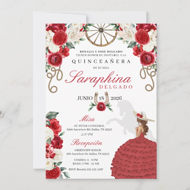 Invitation Roses rouges Cowgirl Western Horse Quinceañera (Devant)