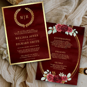 Invitation Roses Rouges de Bourgogne Monogramme Robe de Marié