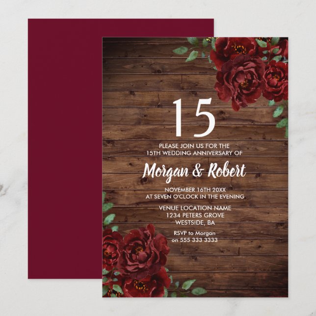 Invitation Roses rouges de Bourgogne Rustique 15e anniversair (Devant / Derrière)