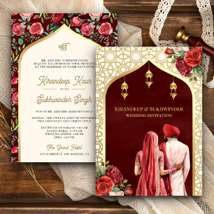Invitation Roses rouges dorées Fleurs Anand Karaj Mariage Sik