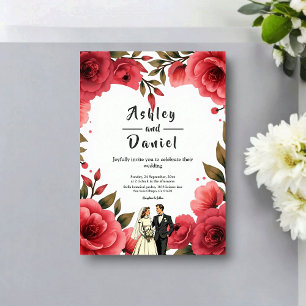 Invitation Roses Rouges Élégantes Couple Romantique Floral Ma