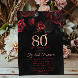Invitation Roses rouges élégantes Noir 80e anniversaire