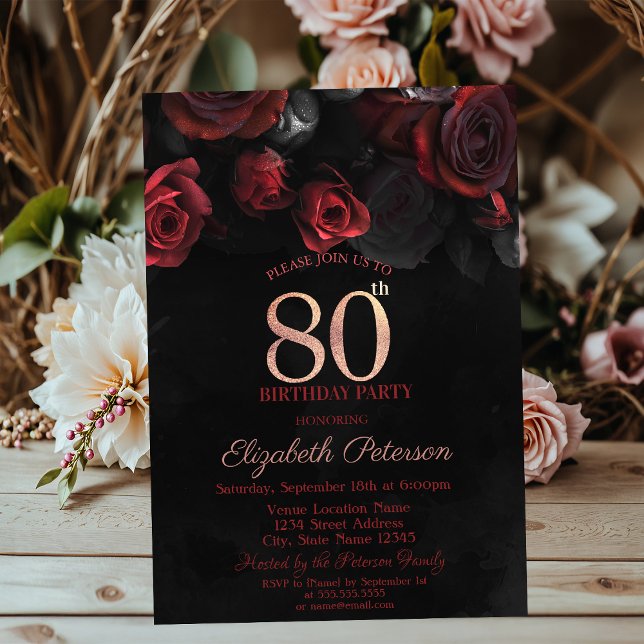 Invitation Roses rouges élégantes Noir 80e anniversaire (Créateur téléchargé)
