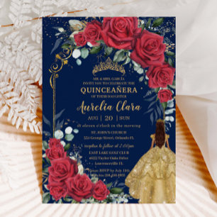 Invitation Roses rouges enchantées Floral Navy bleu Quinceañe