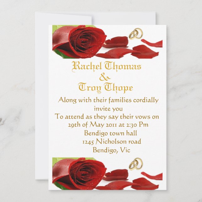 Invitation Roses rouges et anneau mariage (Devant)
