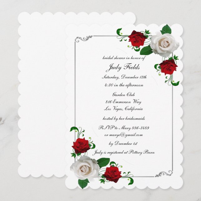 Invitation Roses rouges et blanches Noël Mariage Fête des mar (Devant / Derrière)