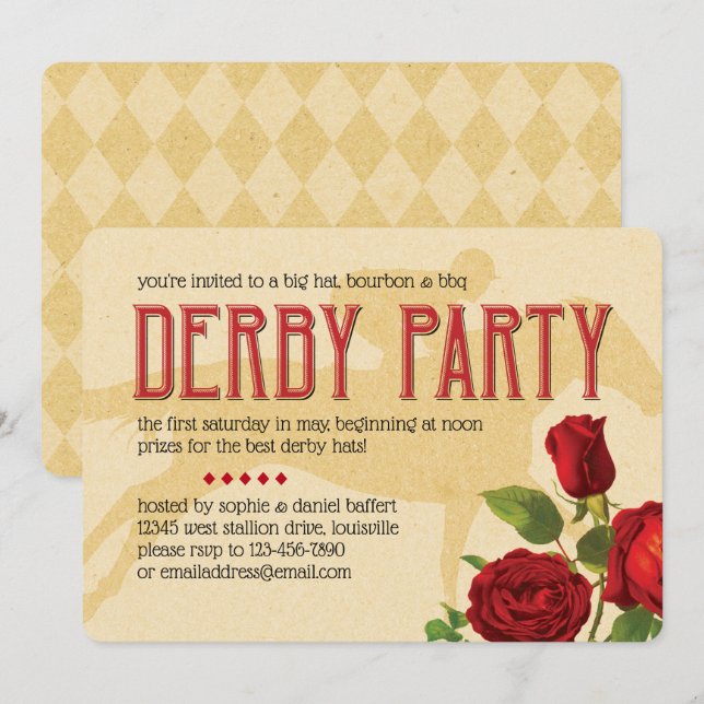 Invitation Roses rouges et cheval de course de partie de (Devant / Derrière)