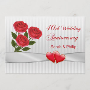Invitation Roses rouges et coeurs 40e anniversaire du Mariage