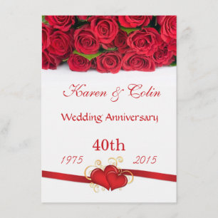Invitation Roses rouges et coeurs 40e anniversaire du Mariage