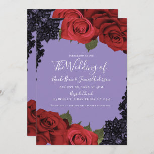 Invitation Roses rouges et dentelle noire Mariage chic violet