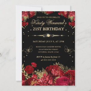 Invitation Roses rouges et dorées Bordure florale 21e anniver